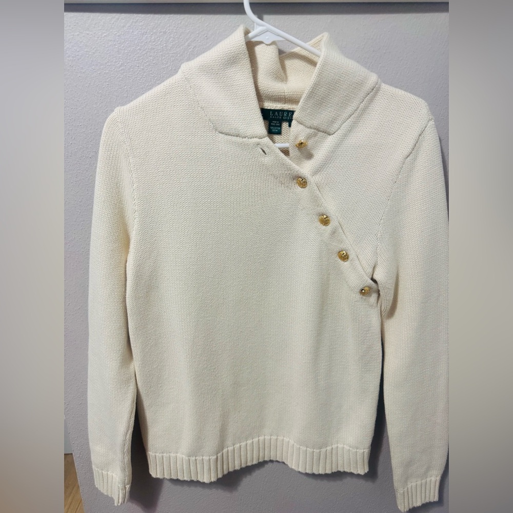 Lauren Ralph Lauren Ivory Turtleneck Sweater with Gold Buttons (S)